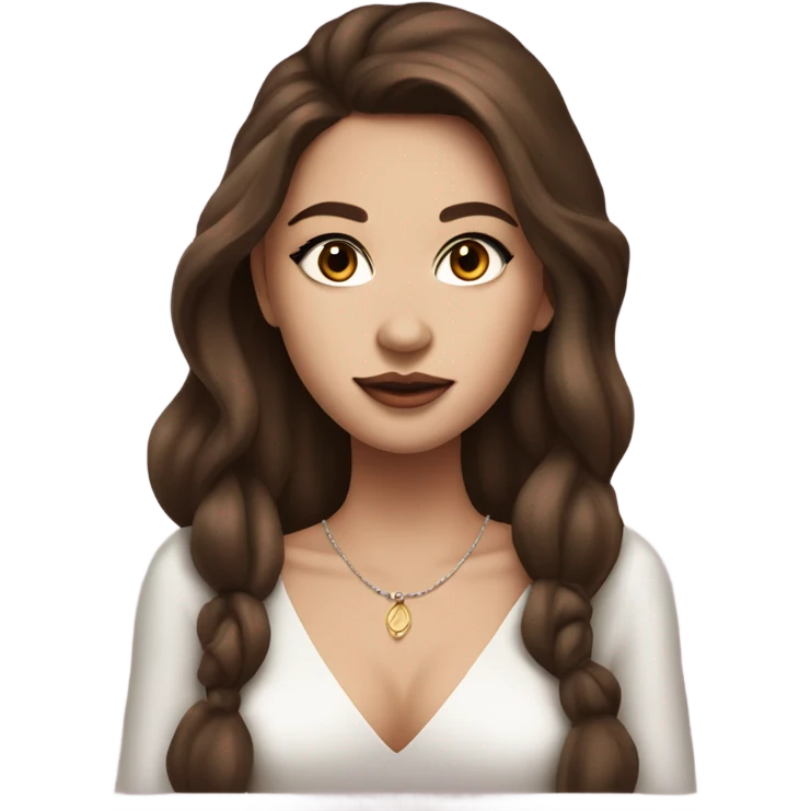 rich girl with white skin, long brown hair, dark eyes, with makeup, with wine emoji