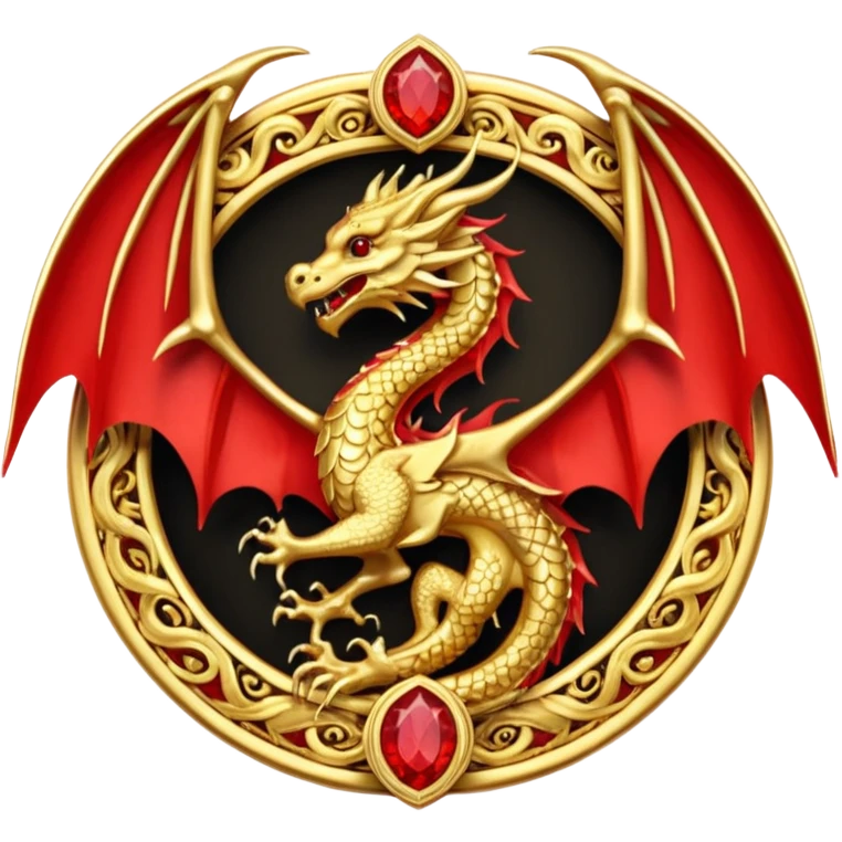 Golden Dragon with wings crest/brosch in a circle with red gems emoji