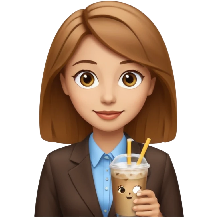 Women in front of laptop with a happy face, light brown hair, light brown big eyes, light skin with a iced coffee on the side, business attire emoji
