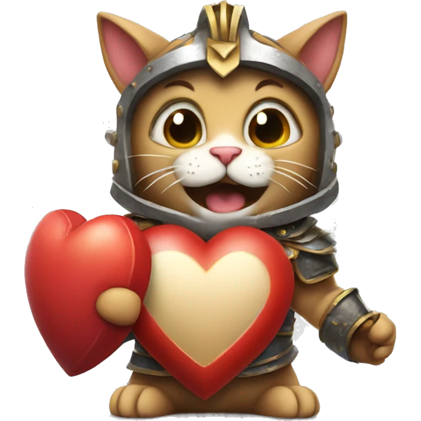 Cat gladiator holding a heart with a laughing face {happy}  emoji