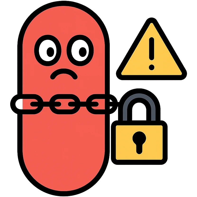 red medicine capsule with a chain or lock around it, anxious eyes, warning sign, bold lines emoji