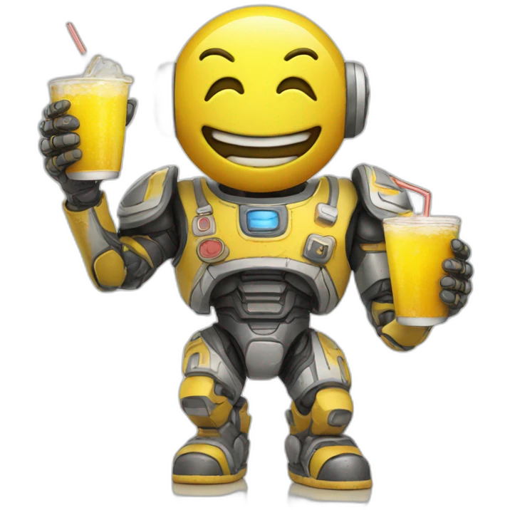 Android Moon yellow with big smile and with coold drink in hand emoji