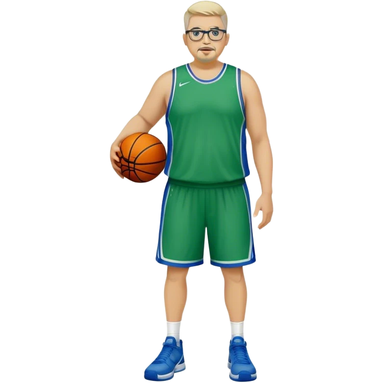 Full Body white male plus size wearing glasses with a goatee with light blonde and gray very short hair mad basketball head Coach in blue and green wearing Nike dress gear emoji