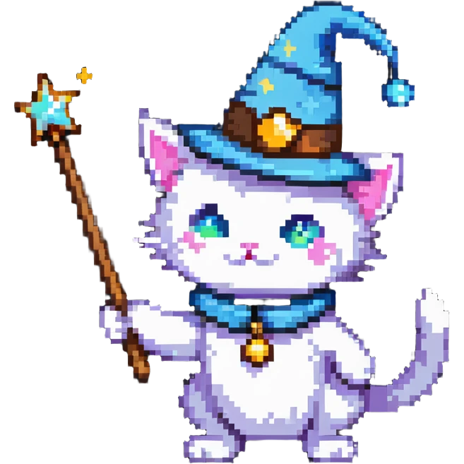 wizard cat with a pointy hat and magic wand emoji