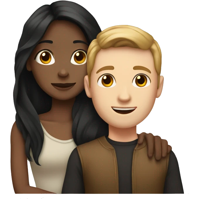 medium skin, Black long hair girl hugging with a pale skin male with brown hair on top emoji