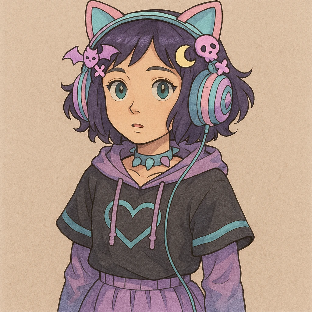 Add cute pastel goth hair clips to the cat ear headphones, keep the style and background as is. Maintain the original look and feel of the image. emoji