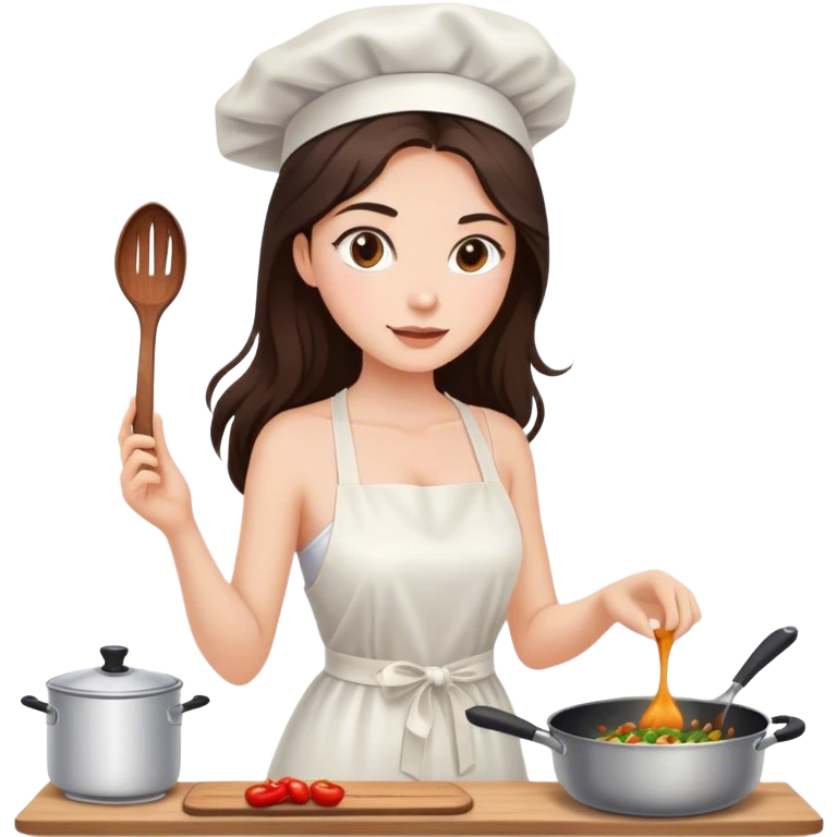 Beautiful woman in 1950’s woman fashion look, white dress, long dark brown hair, cooking emoji