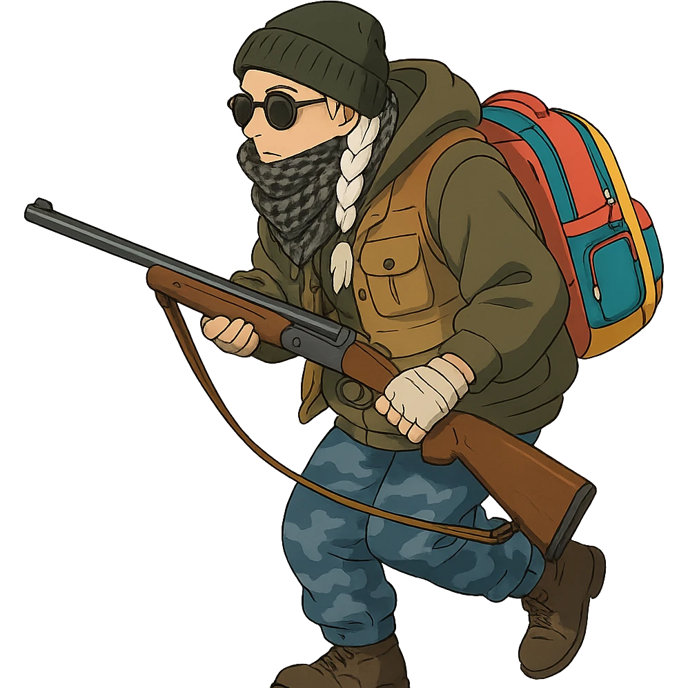 1 female, long white braid, knit cap, dark sunglasses, shemegh neckwrap, fishing vest, vibrant shool backpack, drab hoodie, handwraps, blue camo pants, Blaser Bbf-95, hunched over, on the move emoji