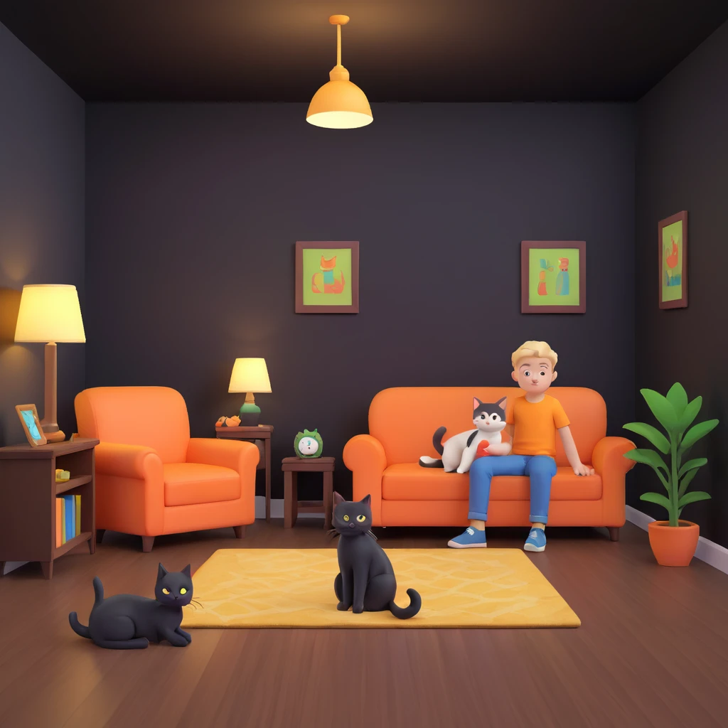 boy and cat pet, living room background emoji