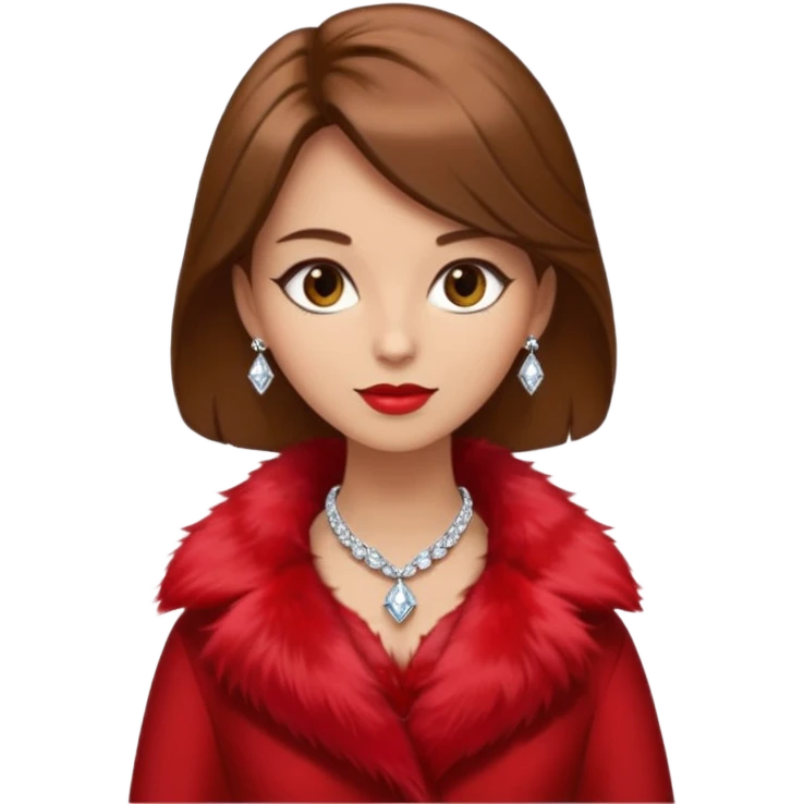 * Character: A stylish lady,brown hair
* ﻿﻿Clothing: A luxurious red fur coat
* ﻿﻿Accessories: A dazzling diamond necklace
* ﻿﻿Expression: Confident, elegant, maybe slightly glamorous
* ﻿﻿Pose: Head slightly tilted or a poised posture
* ﻿﻿Style: Emoji-like, simple but expressive emoji