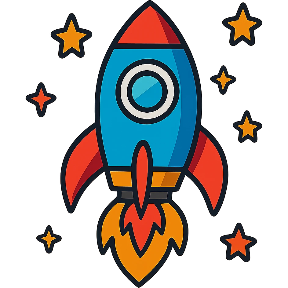 rocket ship with flames and stars around it emoji