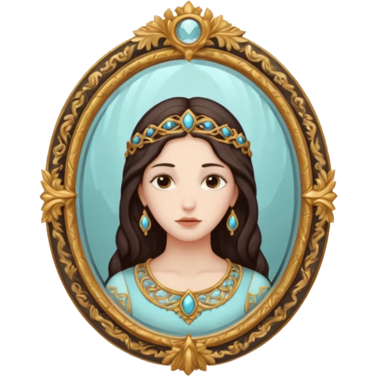 Woman facing ancient mirror, reflection slightly delayed and darker emoji