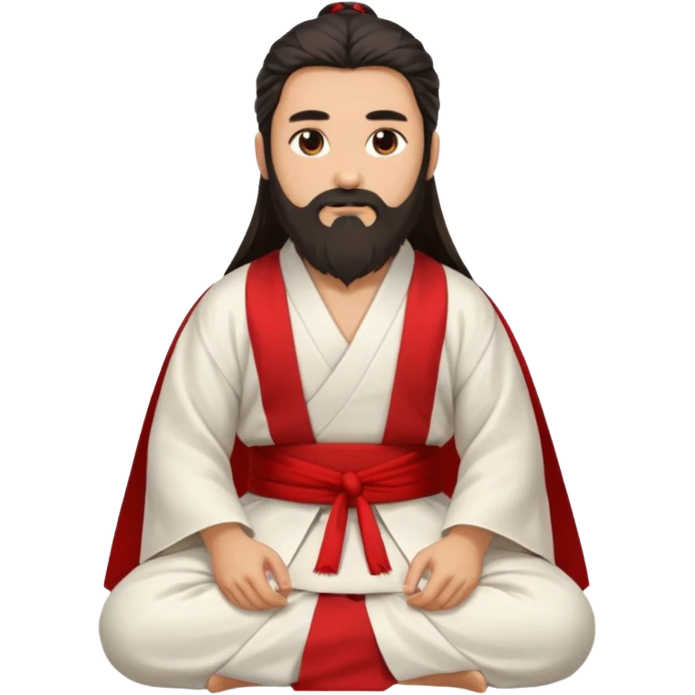 Beautiful man with lightly tan skin and dark long beard, long hair, in white and red Hanfu sitting on the ground emoji