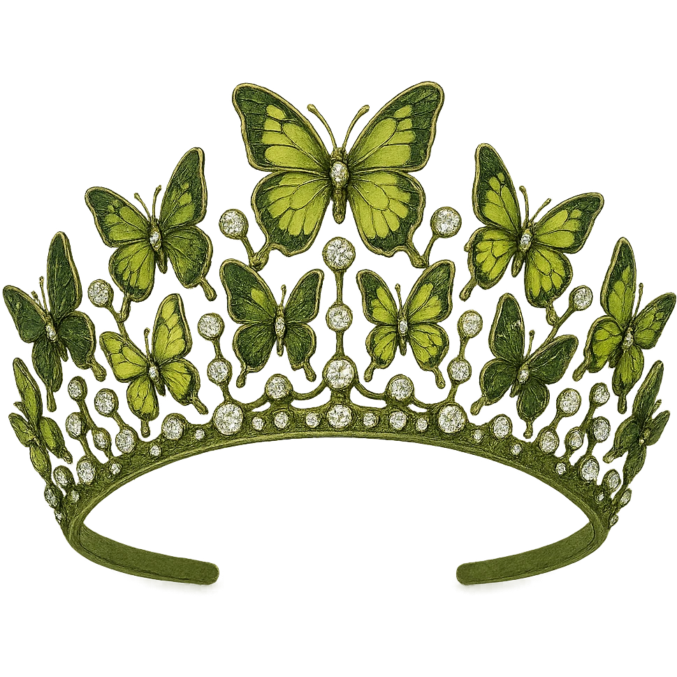 butterfly crown with a sage green base, butterflies in olive and lime green enamel, sparkling gems emoji