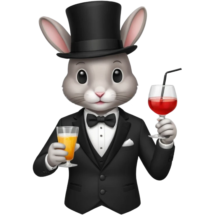 rabbit wearing suit, bowtie and top hat, holding glass of drink emoji