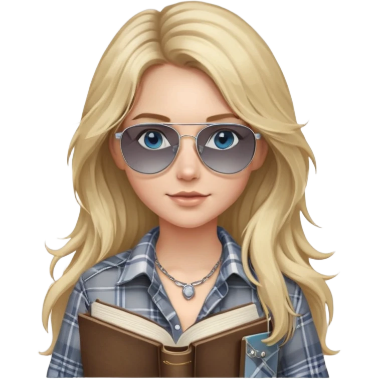 girl with long blond messy hair wearing grey plaid shirt with blue eyes and aviator sunglasses wearing a ring on her silver necklace, holding law books emoji