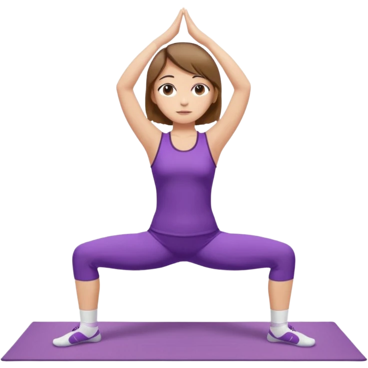 Девушка с короткими волосами до плеч русого цвета, с черными бровями, карие глаза, у неё фиолетовый спортивный костюм с топиком и шортами и белые носки, она занимается йогой в позе бибаласана (поза кошки) emoji