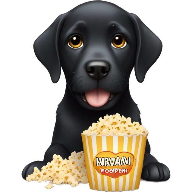 Black Labrador wearing  a nirvana top eating popcorn  emoji