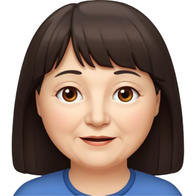60 yr old woman, long hair to waist, very small brown eyes, long hair, straight dark brown hair, bangs, chubby, long face, very tired but happy emoji