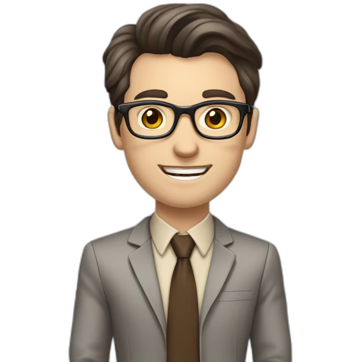 Pale skinned fit man with dark brown hair in gray jacket, beige office shirt, brown tie, brown pants and vintage glasses Writing on the flipchart emoji