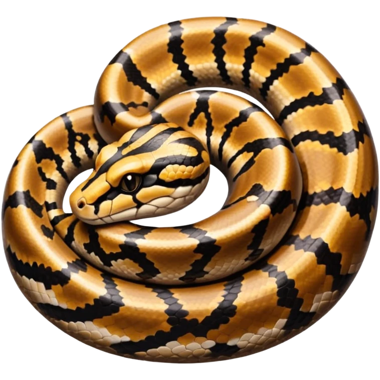 A photo-realistic top-down view of a Ball Python gently coiled into a tight spiral, with its head resting peacefully at the center. Its scales are warm brown with bold, irregular black markings, including the distinctive “alien-head” pattern, flowing smoothly along its body.  emoji