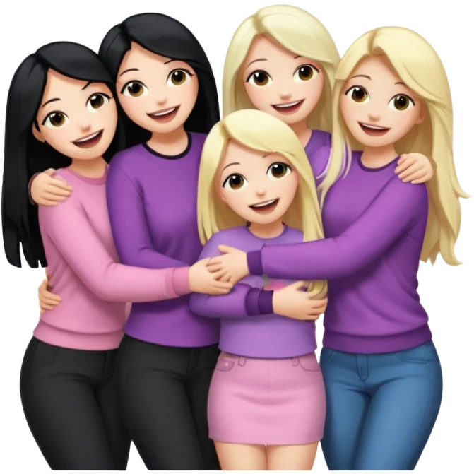 Girlfriend emoji - 5 white girlfriends, two with long dark black hair, one with medium blonde hair, one with long pale pink hair, one with short light blonde hair.  They should be laughing and hugging  emoji