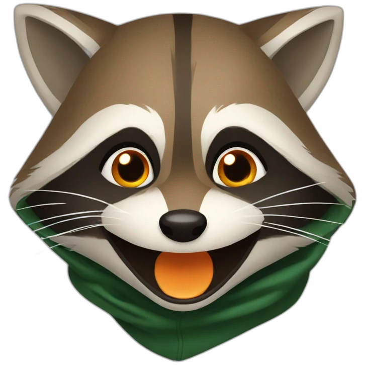 brown raccoon with orange eyes and a dark green hood that is laughing emoji
