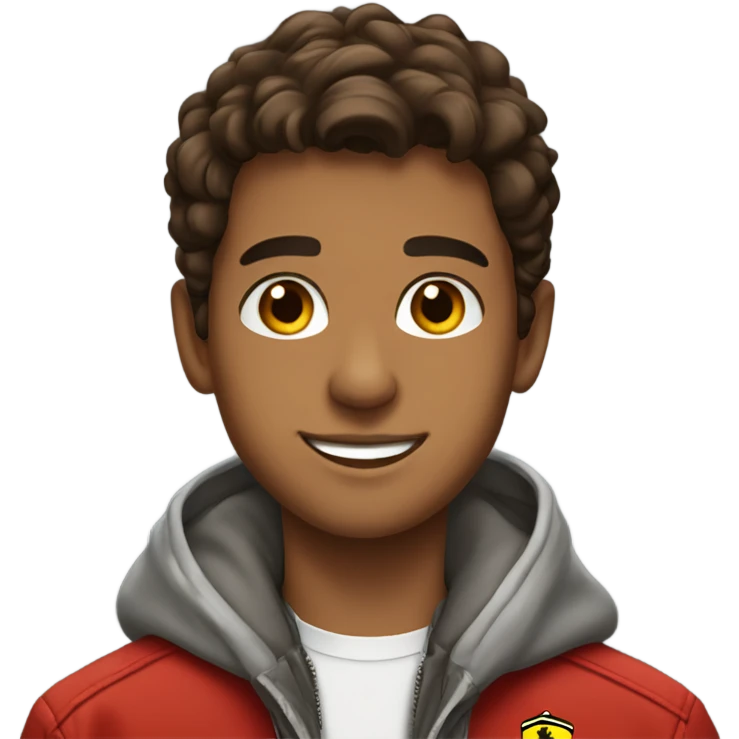 A brown Arab teenage boy smiling brown eyes with a Ferrari jacket emoji