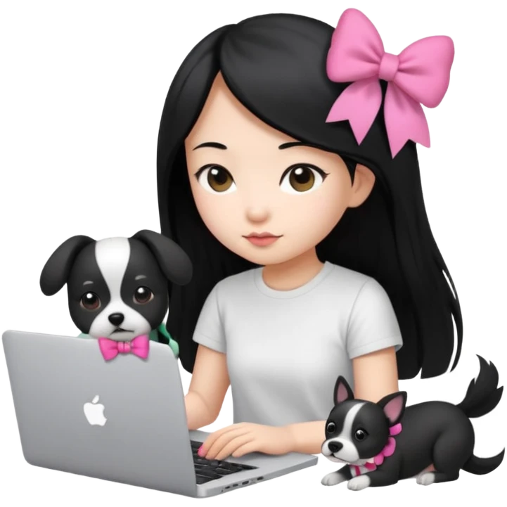 Asian girl long black hair, wearing a white t-shirt, working on an Apple laptop, next to her is a small black and white dog in pink bow emoji