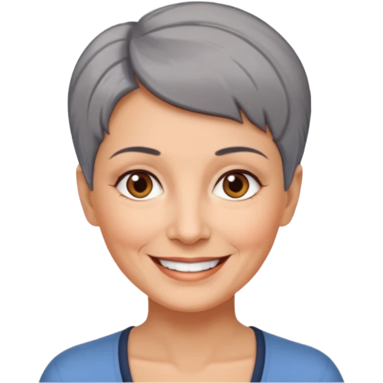 woman 60 years old, shaved short uncombed dark grey hair, brown eyes smile emoji