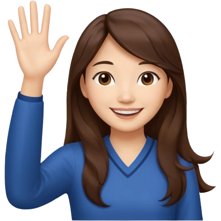 An Asian woman with long brown hair waving her hands emoji