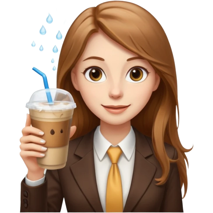 Women in front of laptop with a happy face, long light brown hair, light brown big eyes, light pale skin with a iced coffee on the side, business attire emoji