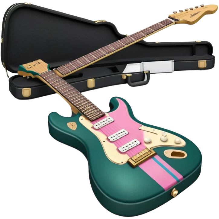minimalist electric guitar in dark green with pink and blue stripe decal, closed inside a black rectangular hard case with gold latches, flat semi-3D style, soft matte textures, simplified details, stylized decal accent, compact artistic look emoji