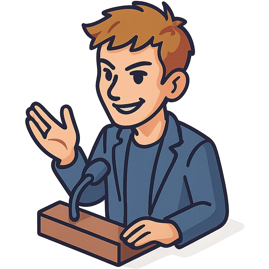 Lively and clever male debater, fair skin, short messy light brown hair, sharp eyes with a mischievous smile, wearing indigo blazer over a casual t-shirt, one hand raised mid-gesture, waist-up emoji