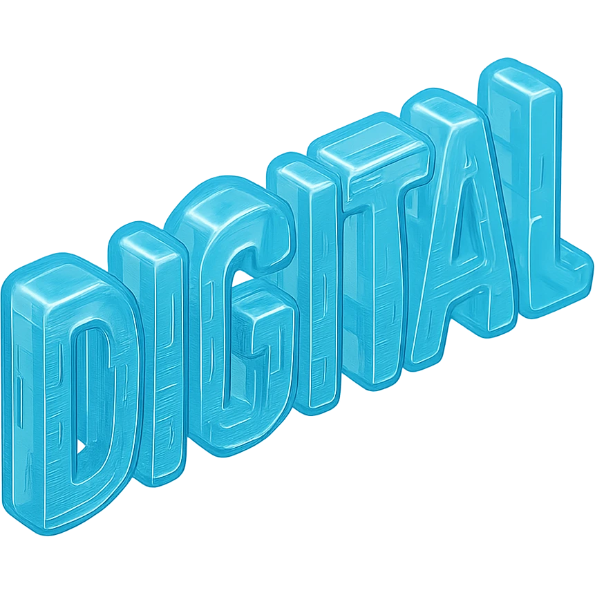 The word "DIGITAL" BOLD, floating, cyan blue emoji