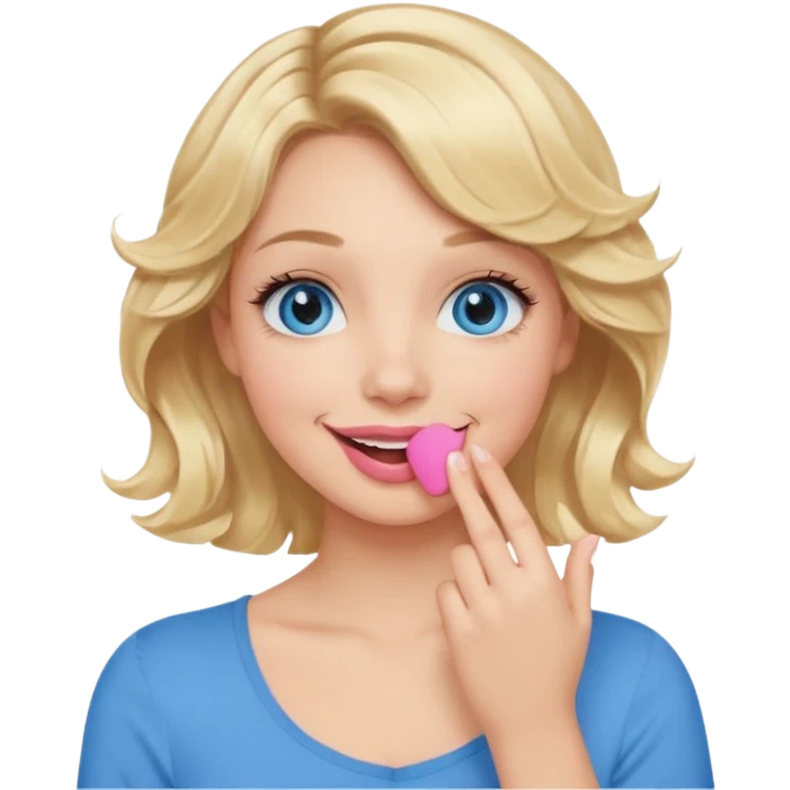 Girl Blonde short wavy hair,  blue eyes, cute blue top, long lashes, pink lips, smiling, hand covering the mouth emoji