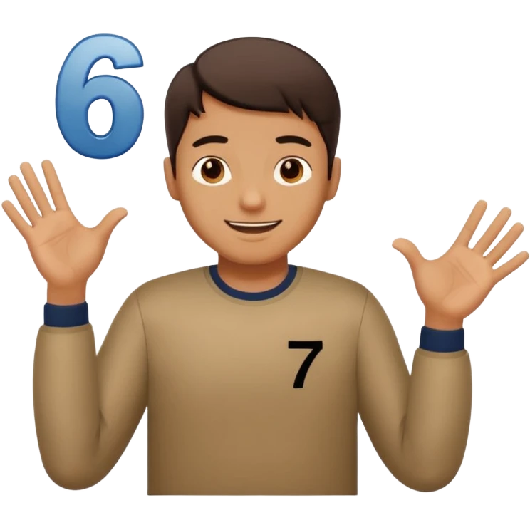 A man shrugging his shoulders with 6 abuve his left hand and 7 abuve his right emoji