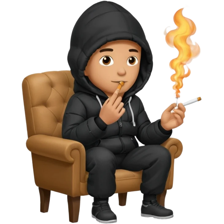A man sitting on a chair, wearing a black puffed coat with hood, hands in his pocket, smoking a cigaret, he is on a chair i emoji