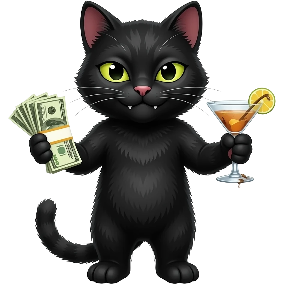 Give me a black cat with a devious smirk and side-eye, with money and and dirty martini in hand emoji