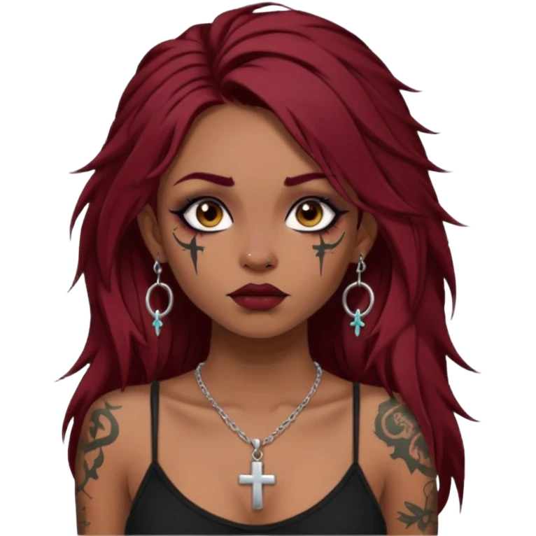 generate an ios genmoji of a dusky girl with long dark red messy hair with eyeliner on her eyes. septum piercing, wearing a cami black top, has tattoos, on shoulders. ear piercings. wearing a cross silver necklace. 


no tattoos on face emoji