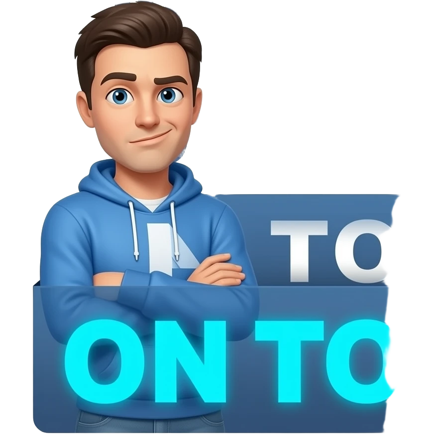 A 3D emoji-style illustration of a friendly man in casual clothes (blue hoodie and jeans), standing with arms crossed and looking directly at the viewer with a naughty face. Text in banner: 'ANSWER TO THEM, ON TOP' white text, while the name 'ON TOP' is rendered in a vibrant, glowing sky blue color. emoji