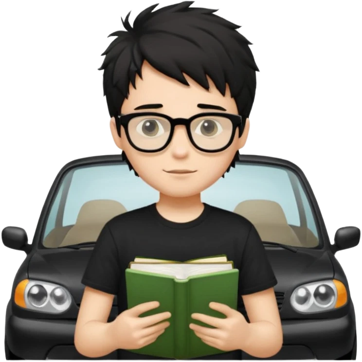 generate a pretty bratz fair skinned boy with black messy hair wearing a black tshirt driving. Glasses on. holding books emoji