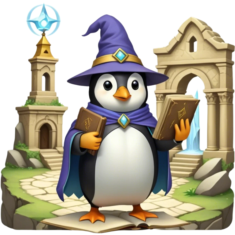 A wizard-explorer penguin wearing a slightly worn enchanted yellow hat and a flowing cape, standing in front of an ancient ruin. The penguin holds a spellbook in one hand and a magical artifact in the other, ready to unlock the secrets of a lost civilization emoji
