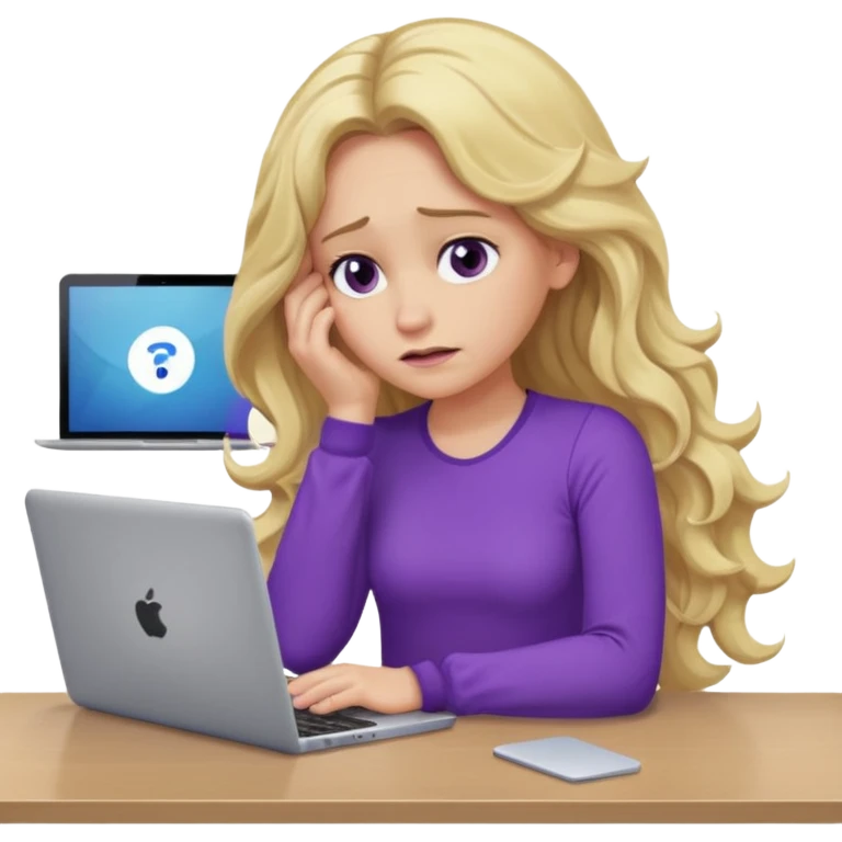 lady with long blonde wavy hair, purple top, one elbow one desk hand on face with a laptop looking defeated emoji