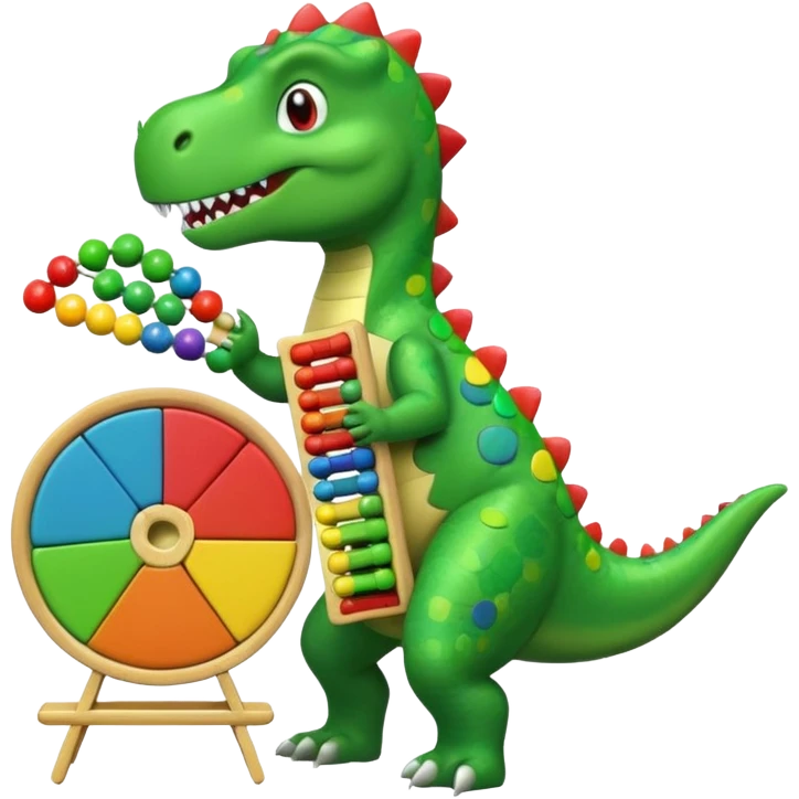 Dancing Dino holding an abacus against a pie chart emoji