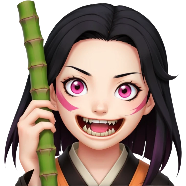 Nezuko from Demon Slayer biting down on bamboo muzzle with teeth visible, pink eyes and black hair with orange tips emoji