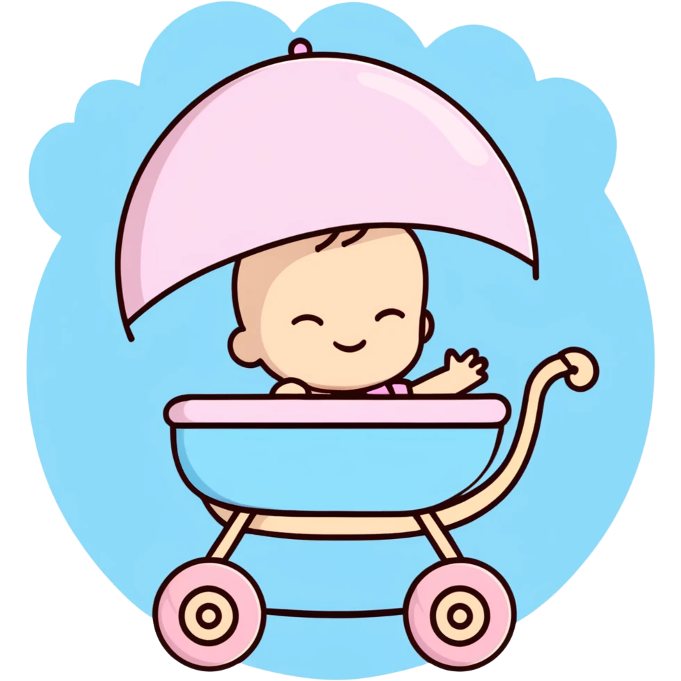 peaceful sleeping baby with closed eyes in pink and beige stroller with pastel blue clouds decoration emoji