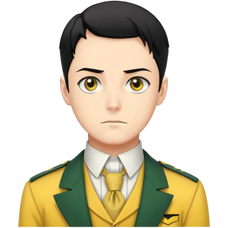 Levi Ackerman with black undercut hair, stern expression, wearing yellow uniform instead of green, with white cravat emoji