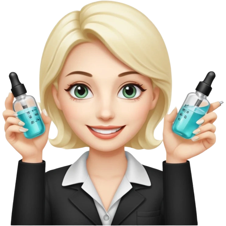 A smiling beautician with cold fake smile, calculating eyes, pointing at your cheek while holding 5 expensive serum bottle. predatory vibe.A face with a fake sweet smile, but the face is slowly consumed by shadows creeping from below. Only the cold, calculating eyes are visible in the dark emoji
