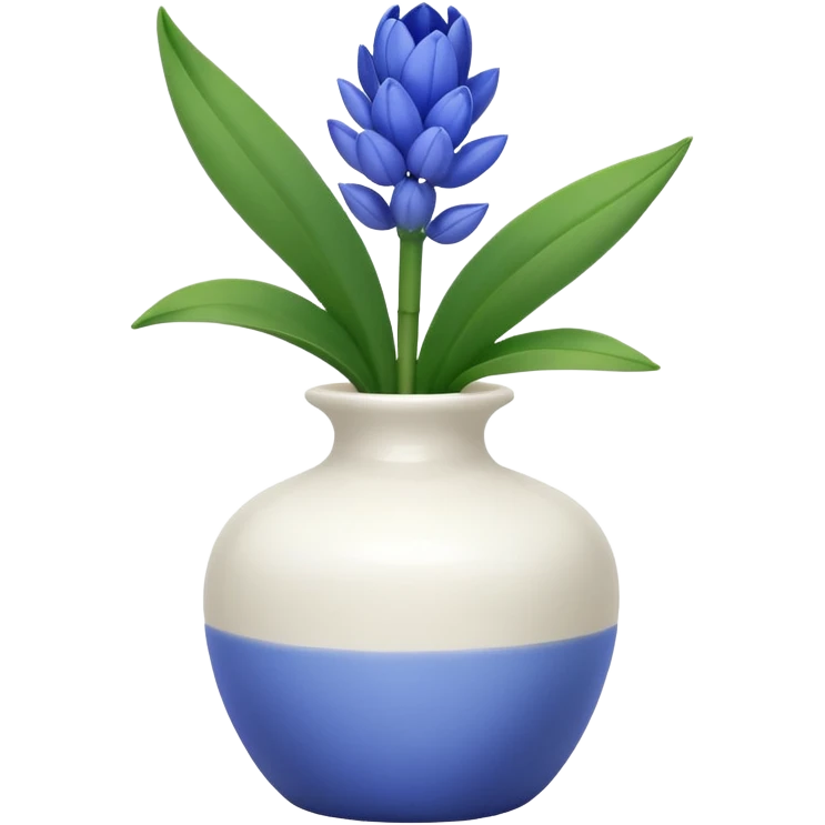 A small white vase holding a single blue hyacinth flower with green leaves. emoji